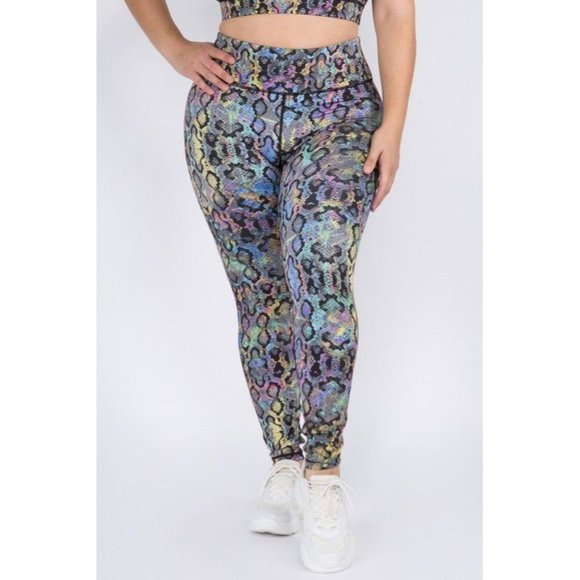 XL Size Womens Active Iridescent Snakeskin Print Workout Leggings - Picture 2 of 5